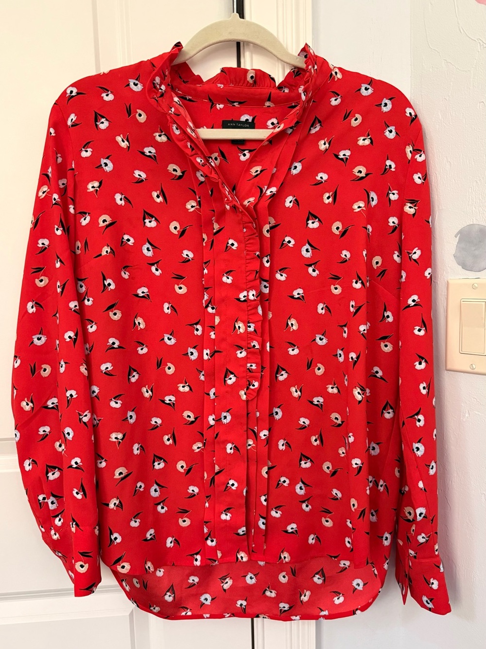Ann Taylor Red Floral Ruffle-Tie Blouse